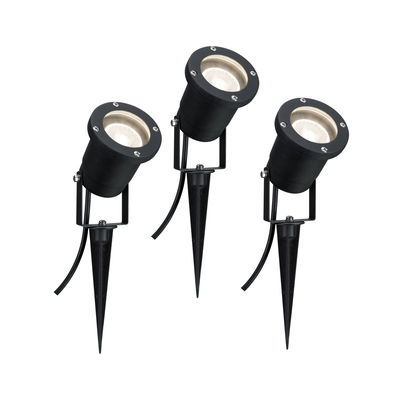 Trois projecteurs LED de jardin noirs en métal avec piquets pour éclairage extérieur et accents de jardin