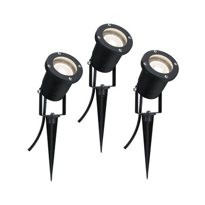 Three black metal LED garden spotlights with ground spikes for outdoor lighting and garden accents