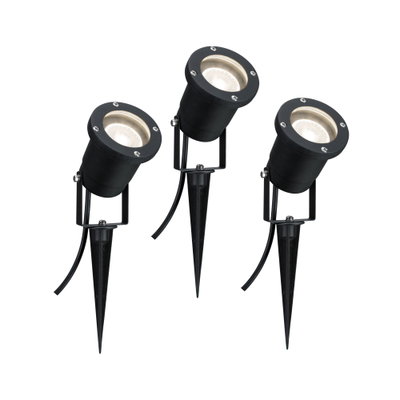 Three black metal LED garden spotlights with ground spikes for outdoor lighting and garden accents