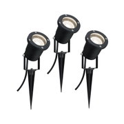 Drei schwarze LED-Gartenstrahler mit Erdspieß aus Metall für Außenbeleuchtung und Gartenakzente