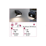 Black solar wall light with motion sensor and 120° detection angle for outdoor lighting.