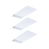 Tre hvide LED-loftslamper med rektangulært design og sølv metalramme til moderne indendørs belysning