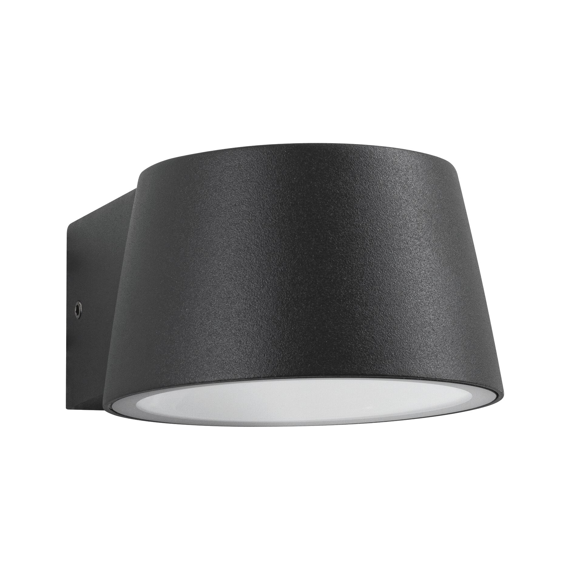 Zwarte metalen wandlamp met ronde witte diffuser voor moderne buitenverlichting