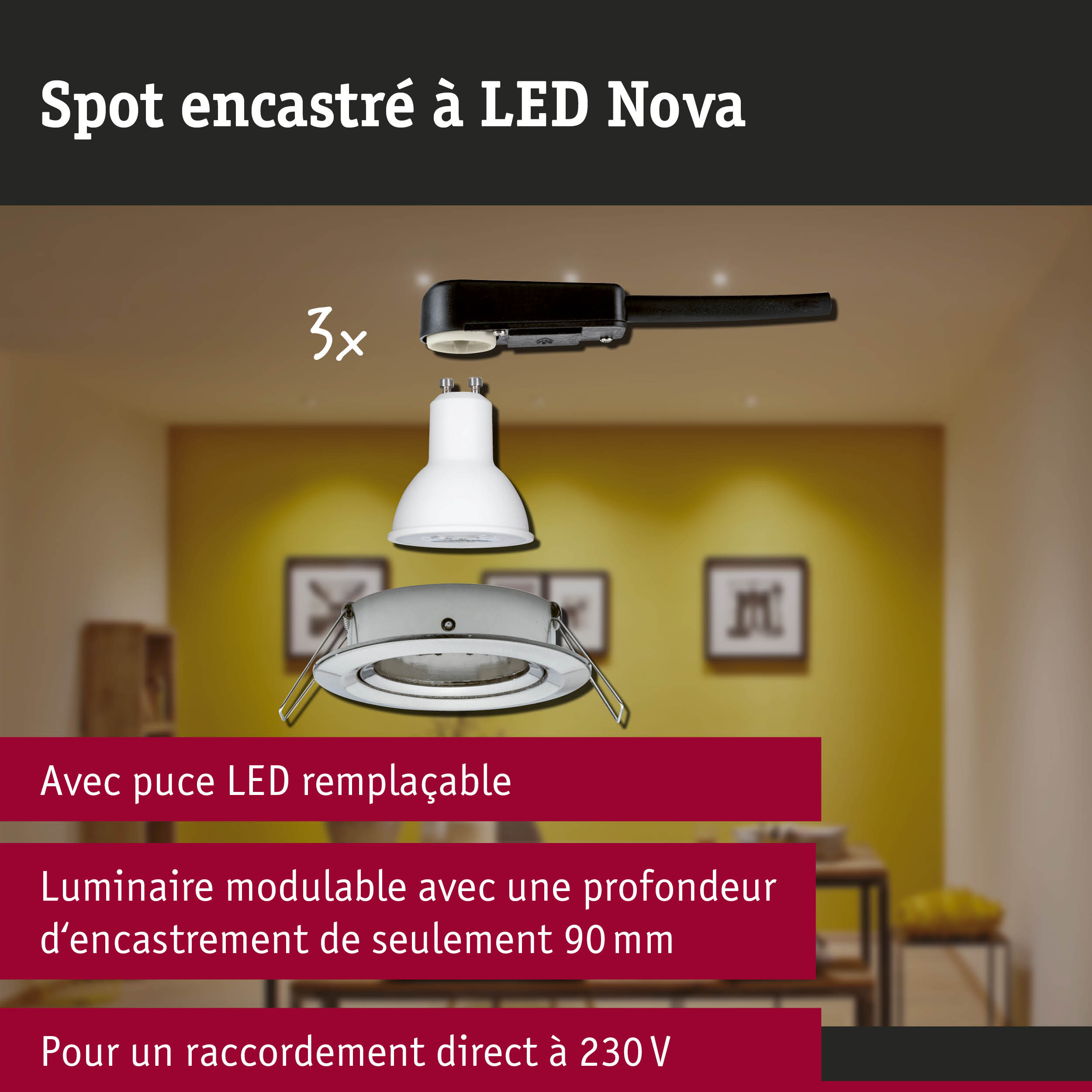 Spot encastré LED 3-Step-Dim Nova Kit de base orientable rond 84mm 50° GU10 3x6,5W 3x460lm 230V gradable 2700K Acier brossé