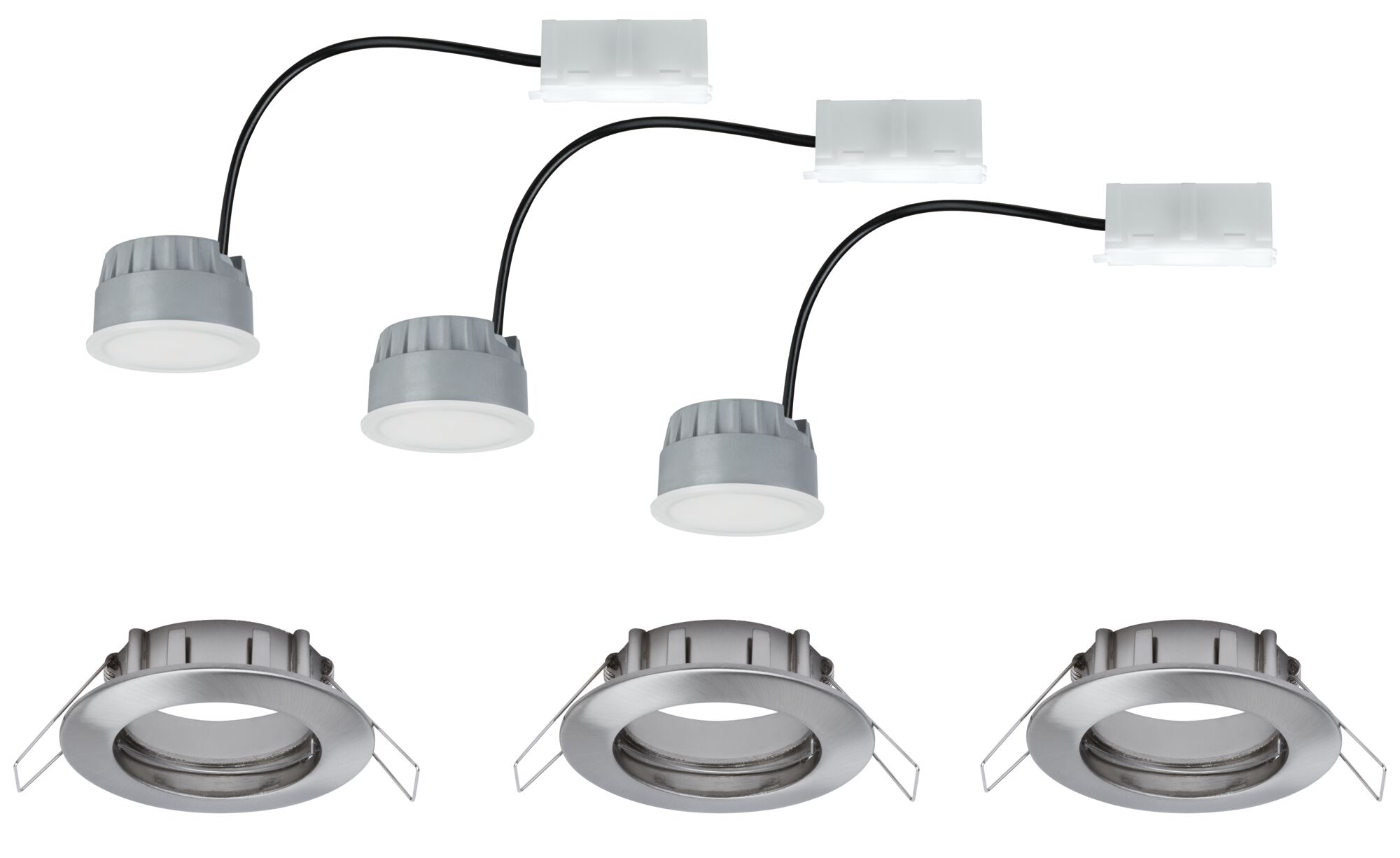 Drei runde LED-Einbaustrahler mit silbernem Metallrahmen und grauen LED-Modulen mit Kabeln.