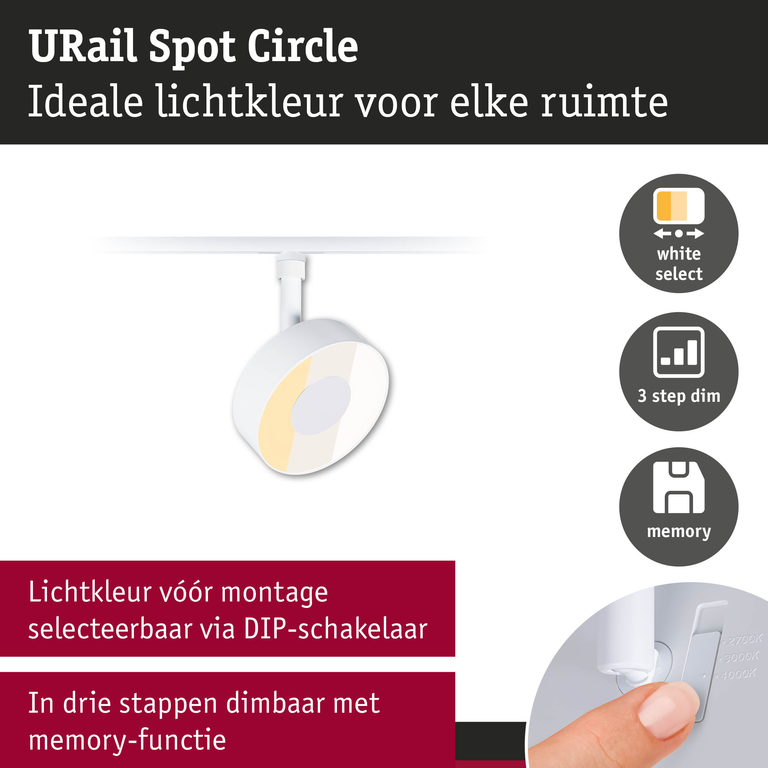 Witte URail Spot Circle LED-spot met instelbare lichtkleur en 3-staps dimfunctie met geheugen