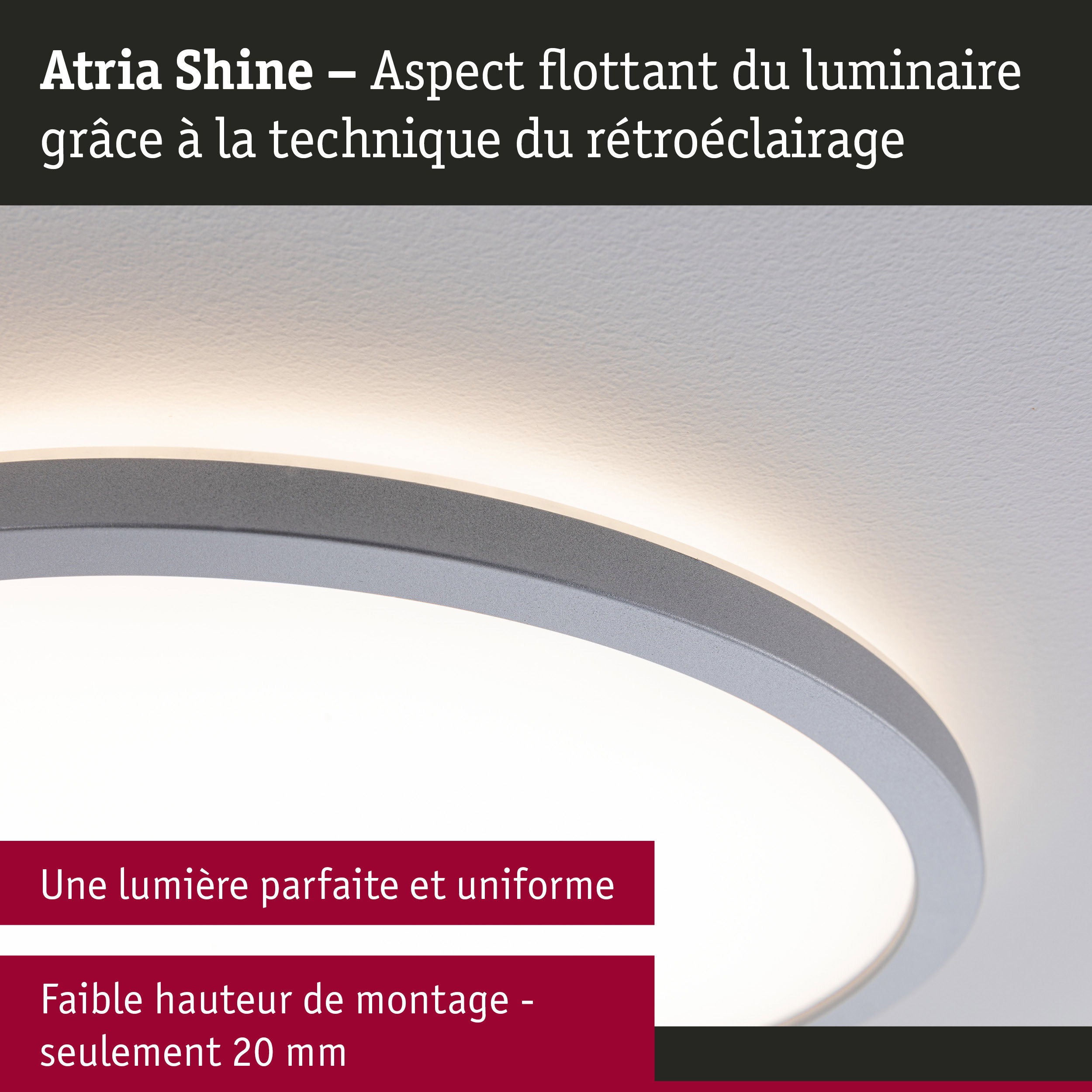Plafonnier LED gris Atria Shine avec rétroéclairage et design fin pour intérieurs modernes