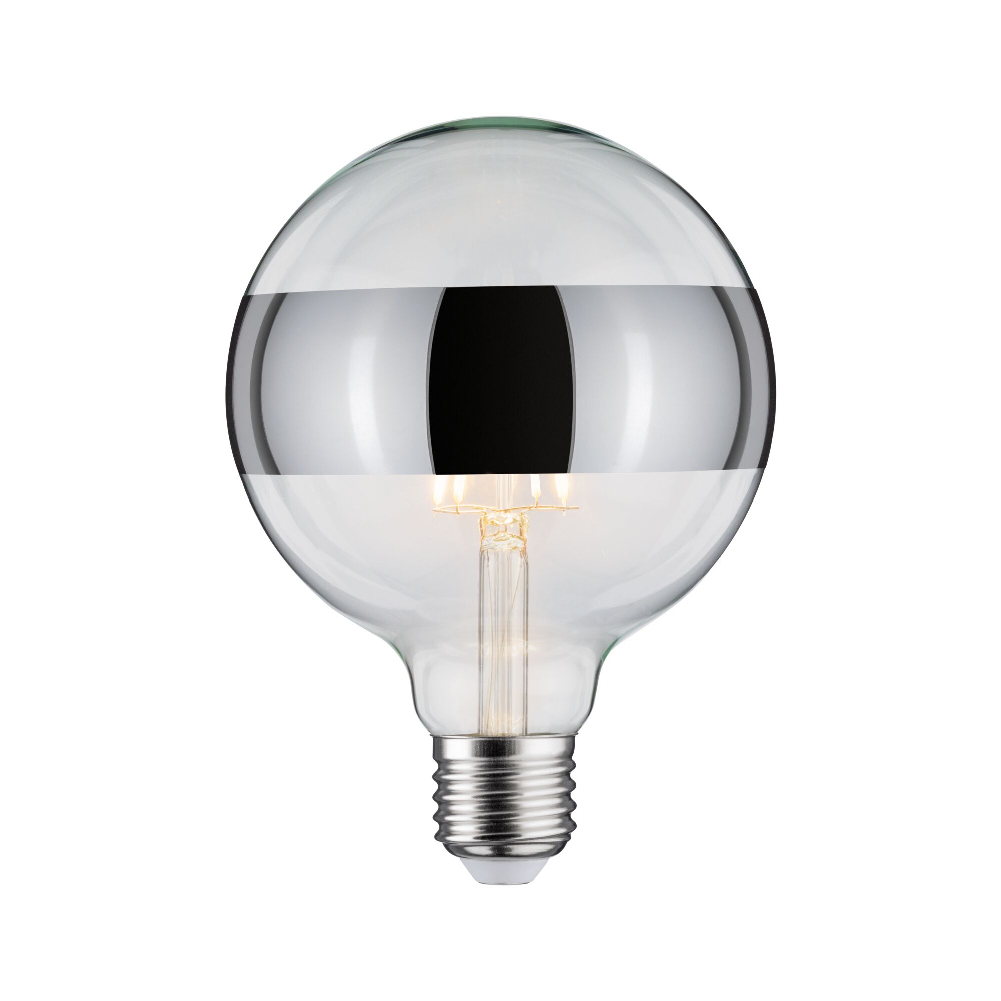 Glühbirne mit klarem Glas und silbernem Spiegelstreifen, LED-Filament, energiesparende Beleuchtung