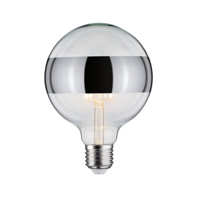 Glühbirne mit klarem Glas und silbernem Spiegelstreifen, LED-Filament, energiesparende Beleuchtung