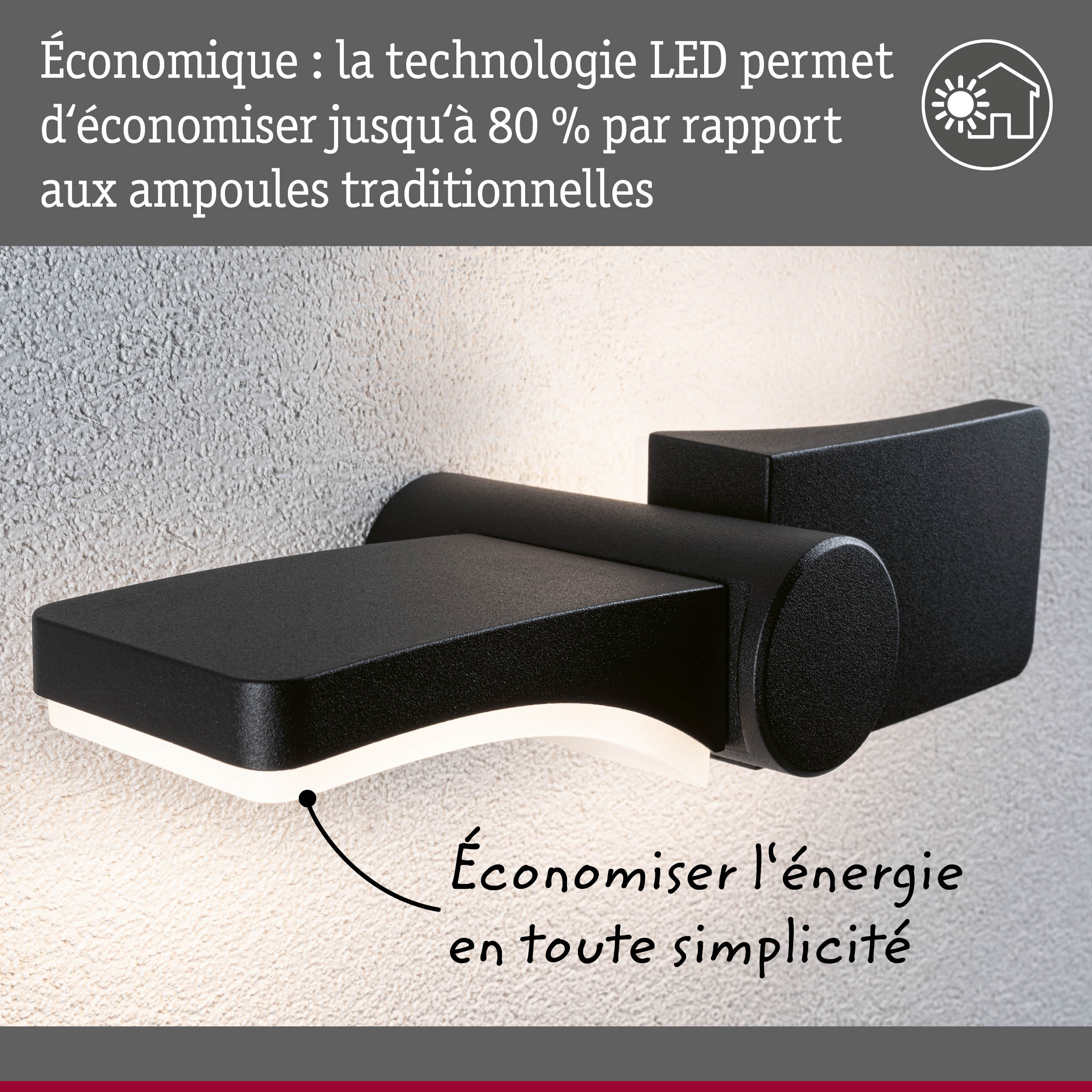 Applique murale LED noire en métal avec technologie économique et design moderne sur mur texturé