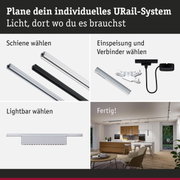 Modulares URail-Schienensystem in Schwarz und Weiß mit Lichtleisten und Steckverbindern für flexible Beleuchtung