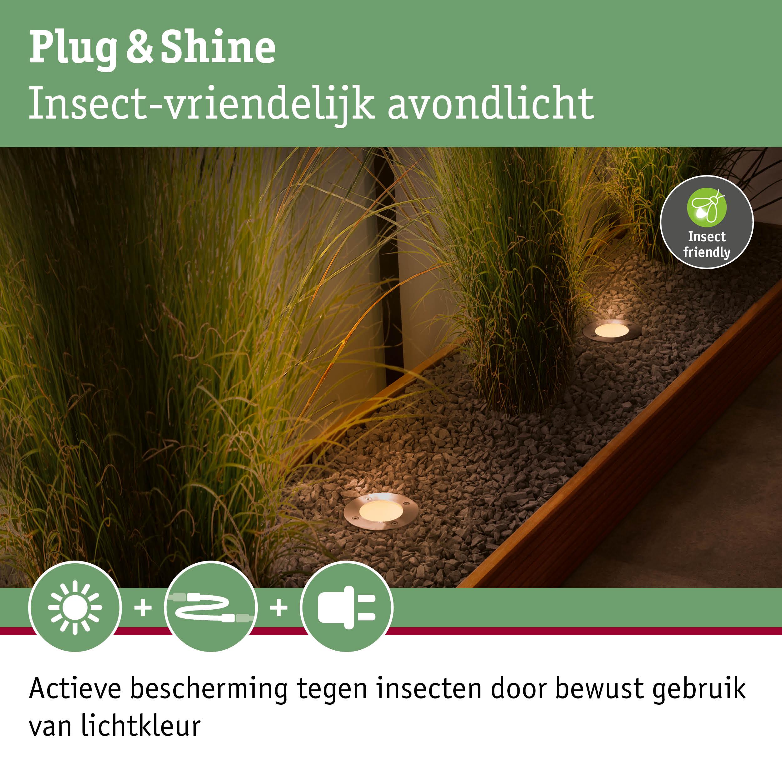 Insectvriendelijk Plug & Shine tuinlicht met warm wit LED-avondlicht in grindbed