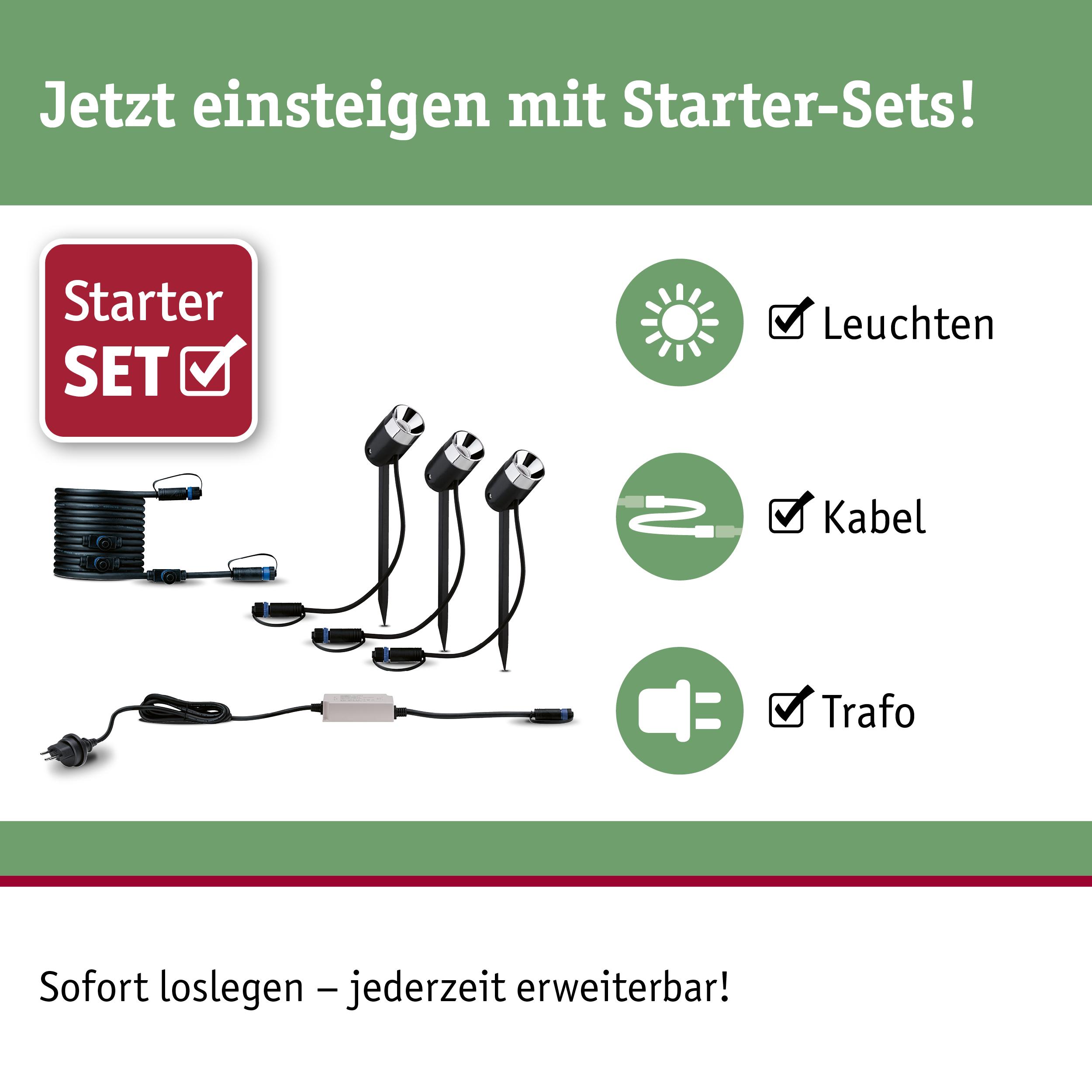 Starter-Set mit drei schwarzen LED-Gartenleuchten, Kabel und Trafo für einfache Außenbeleuchtung