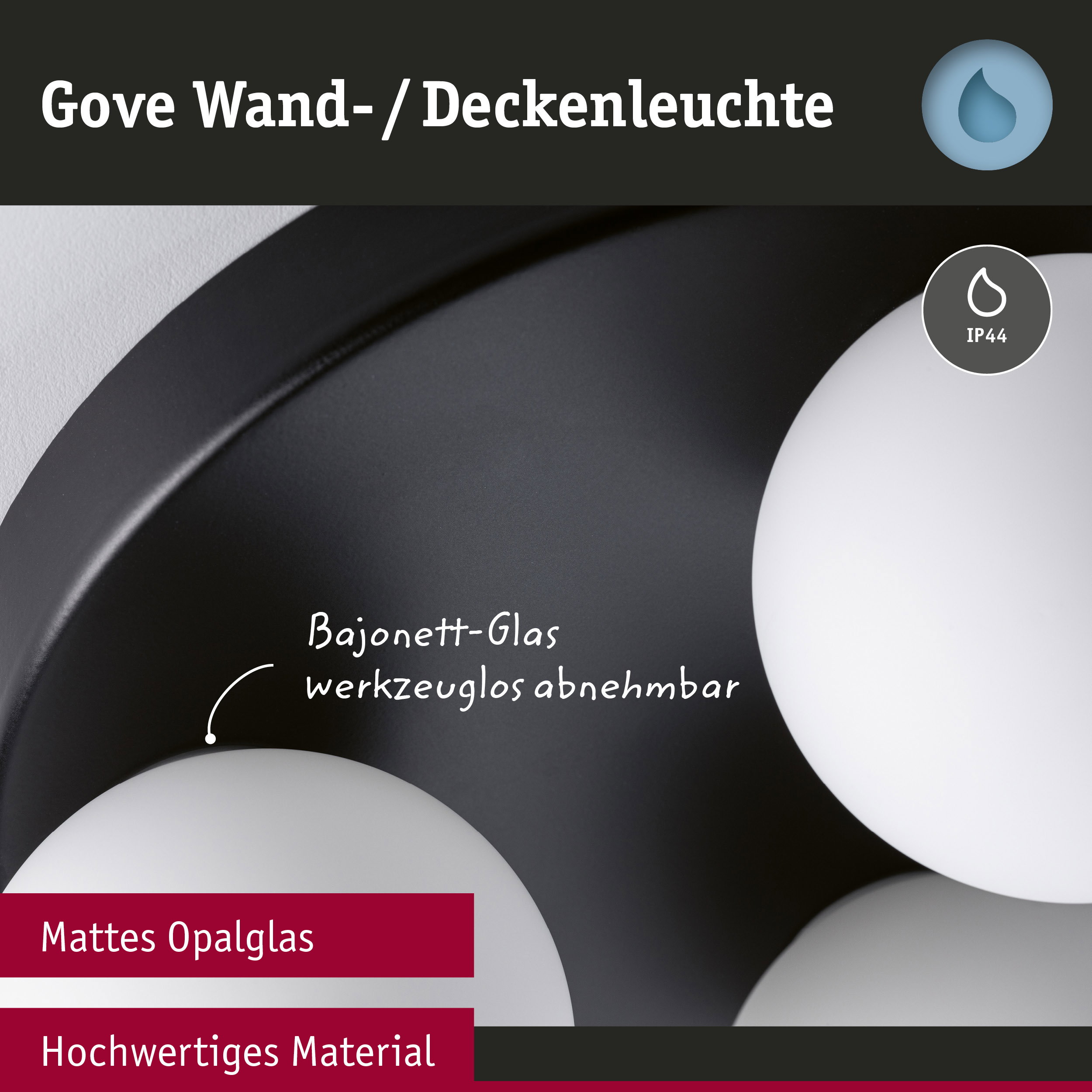 Gove Wand- und Deckenleuchte mit mattem Opalglas und hochwertigem schwarzem Material für Innenräume