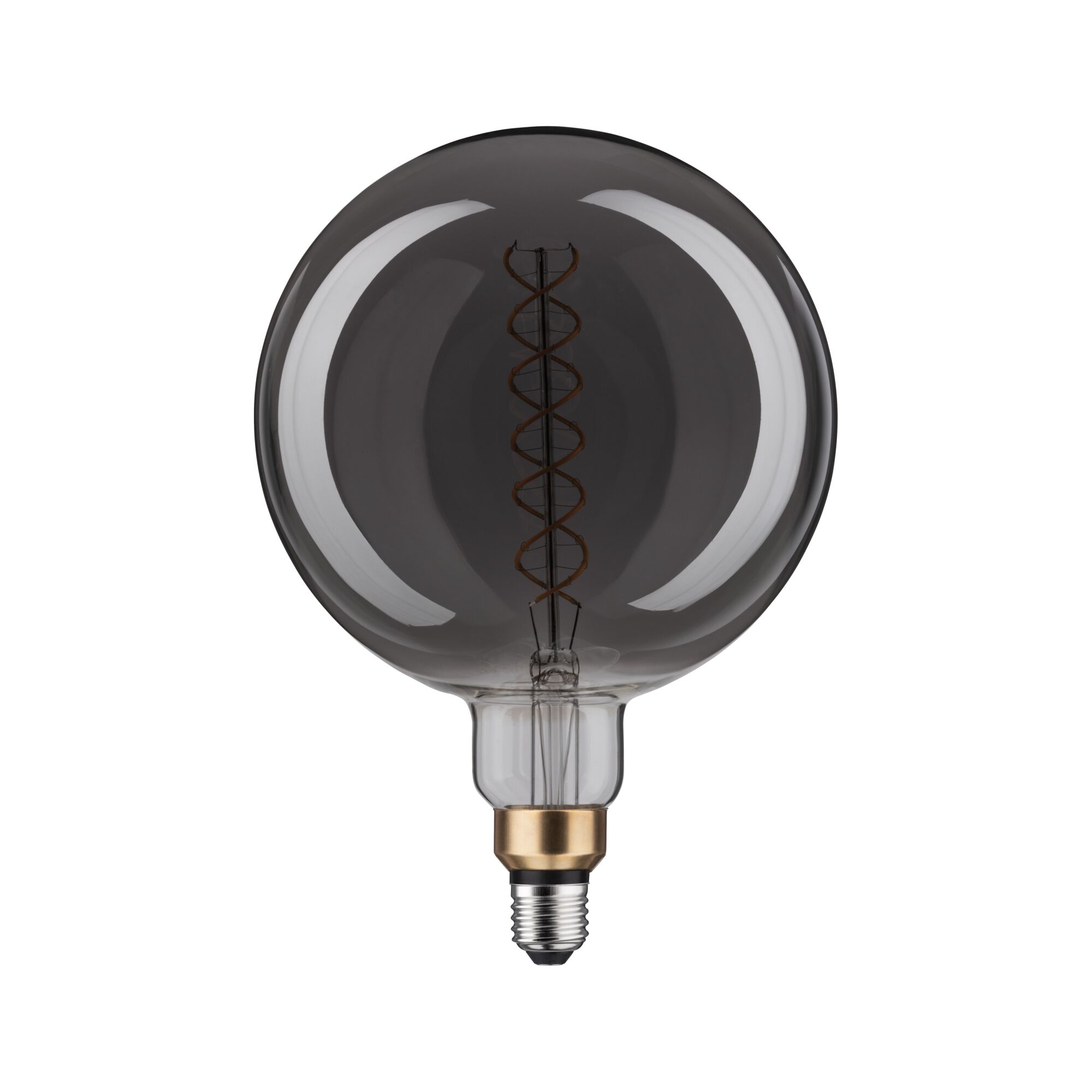 Stor rund LED-pære med røgfarvet glas og synlig spiralfilament til dekorativ belysning