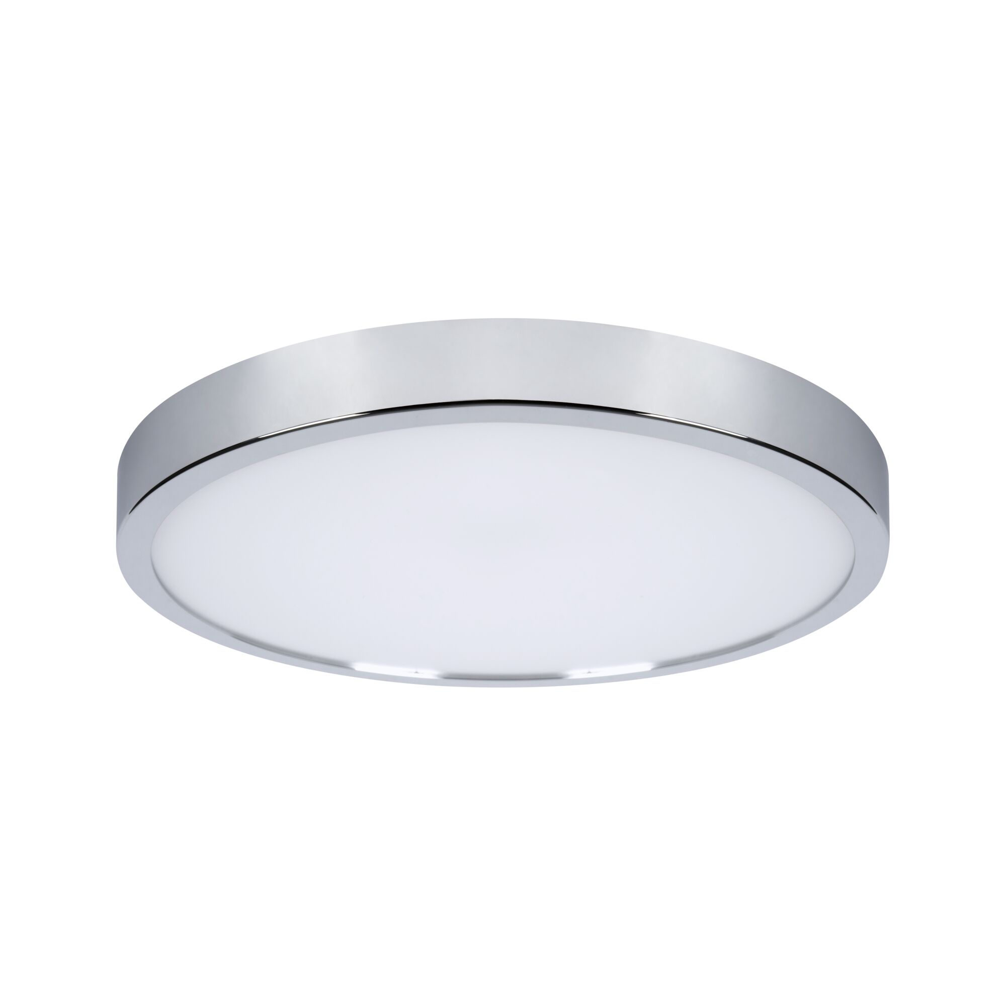 Round ceiling light with white diffuser and chrome metal frame for modern interior lighting