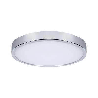 Round ceiling light with white diffuser and chrome metal frame for modern interior lighting