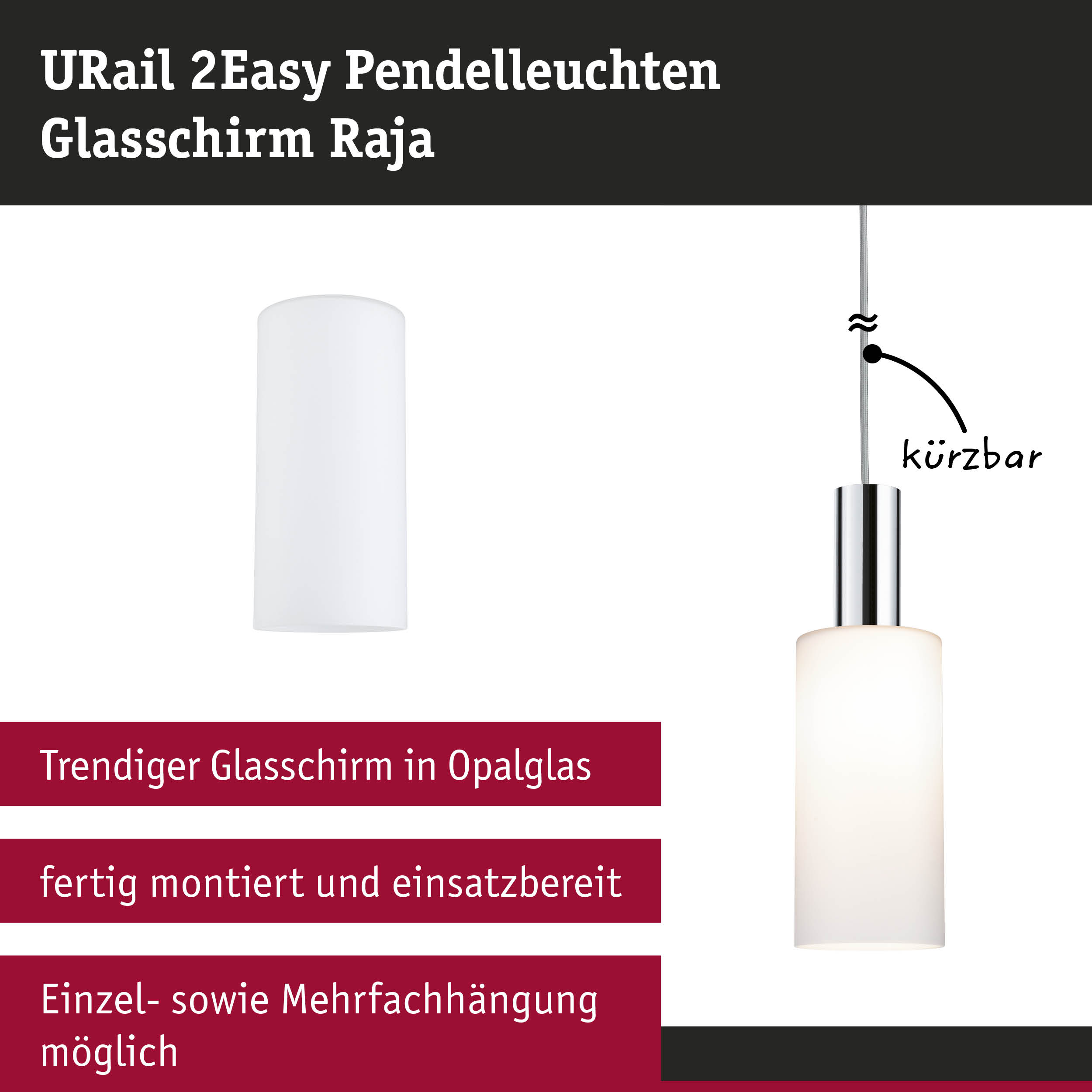 URail 2Easy Pendelleuchte mit opalweißem Glasschirm und verchromtem Metall für moderne Innenbeleuchtung