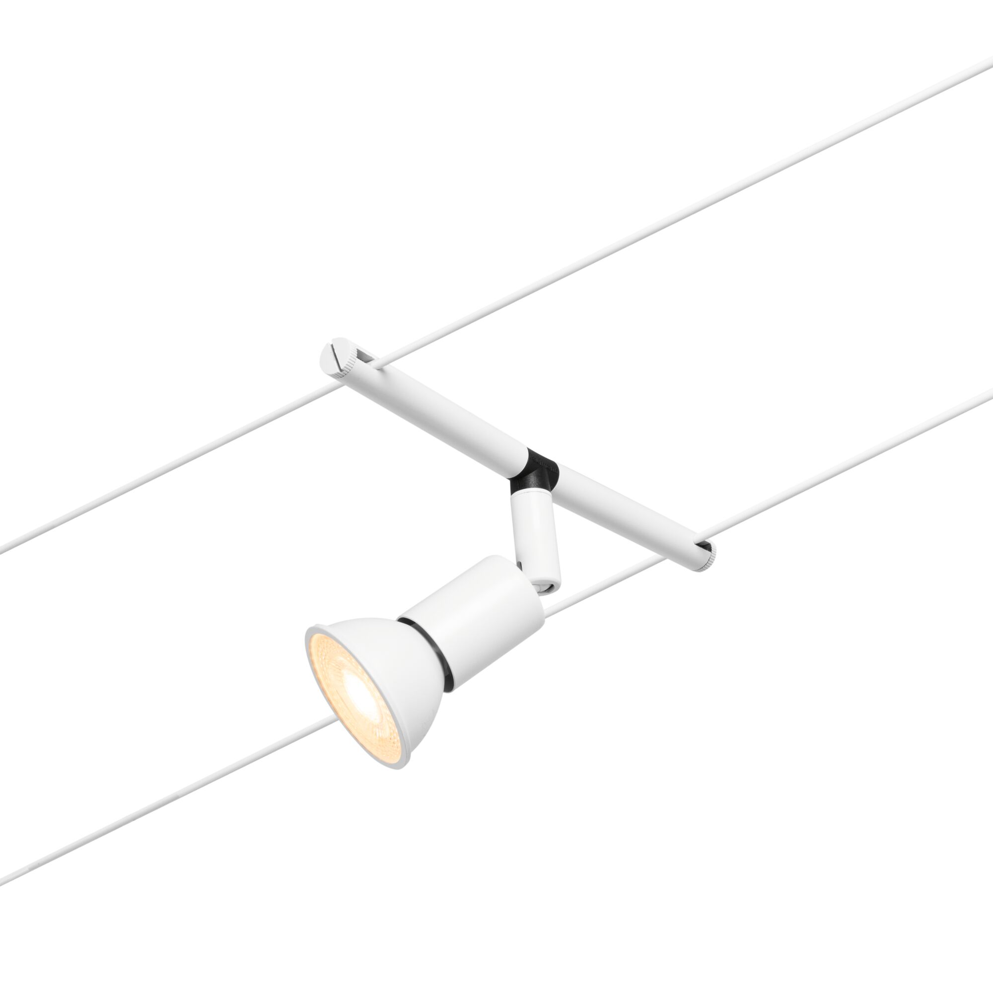 White metal LED spotlight with adjustable head on thin cable for modern lighting solutions