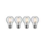 Quatre ampoules LED claires avec culot E27 diffusant une lumière blanc chaud, éclairage économique