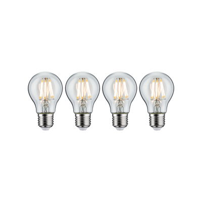 Quatre ampoules LED claires avec culot E27 diffusant une lumière blanc chaud, éclairage économique