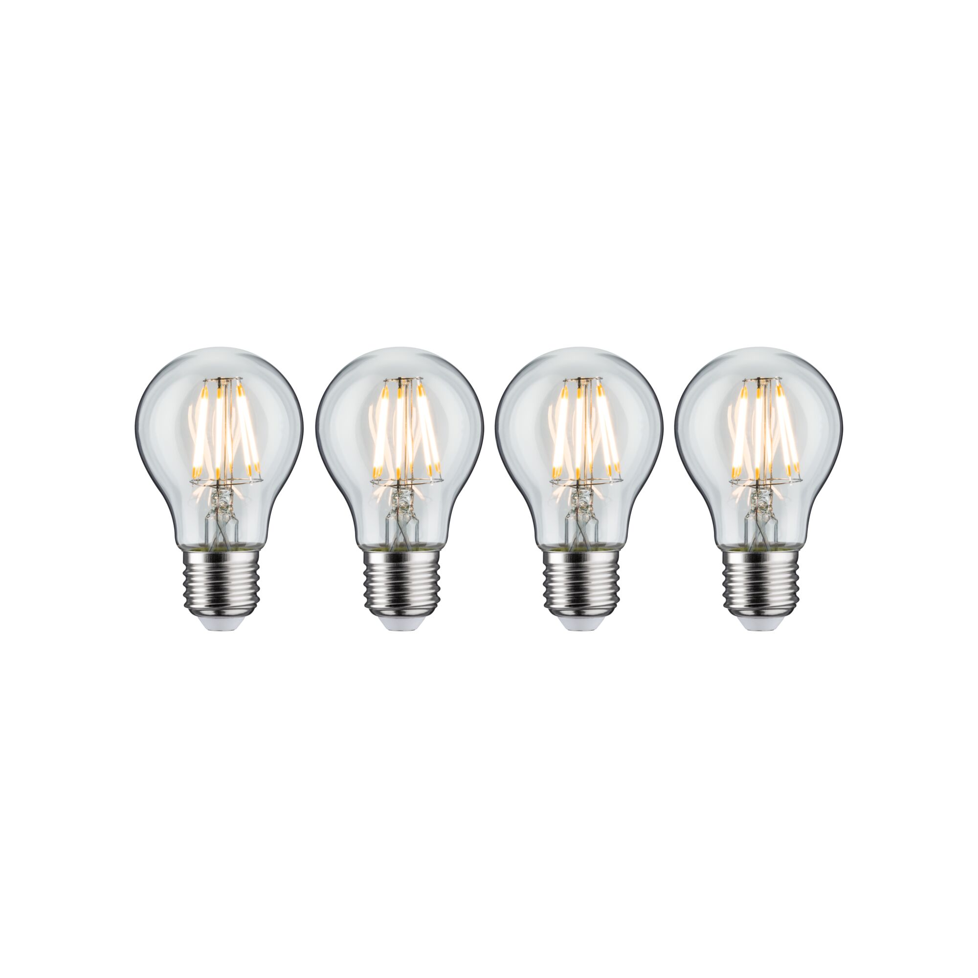 Set of four clear LED bulbs with E27 base emitting warm white light for energy-efficient lighting