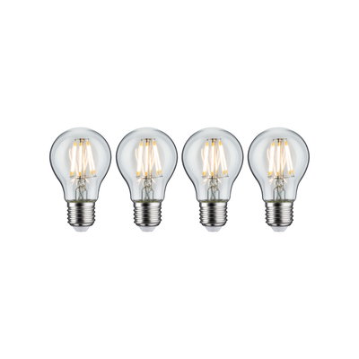 Quatre ampoules LED claires avec culot E27 diffusant une lumière blanc chaud, éclairage économique