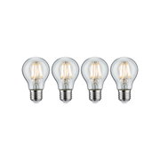 Vier klare LED-Glühbirnen mit E27-Fassung und warmweißem Licht für energiesparende Beleuchtung