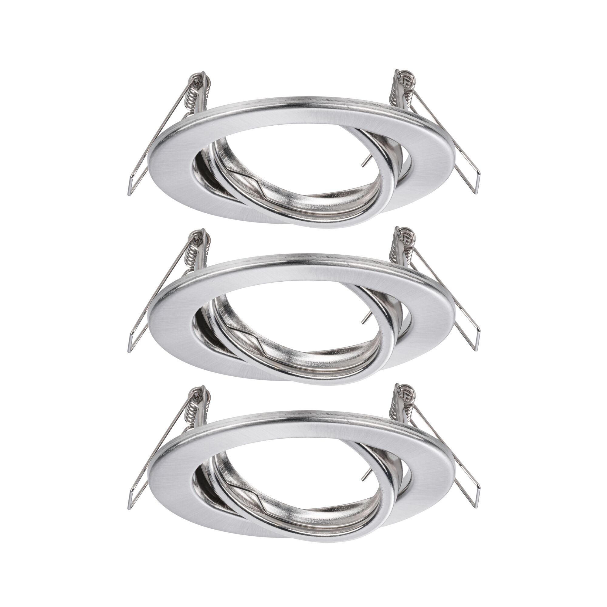 Trois spots encastrés ronds en aluminium brossé argenté avec clips ressort pour montage au plafond