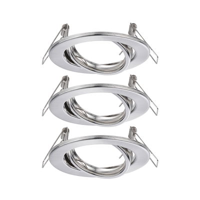 Trois spots encastrés ronds en aluminium brossé argenté avec clips ressort pour montage au plafond