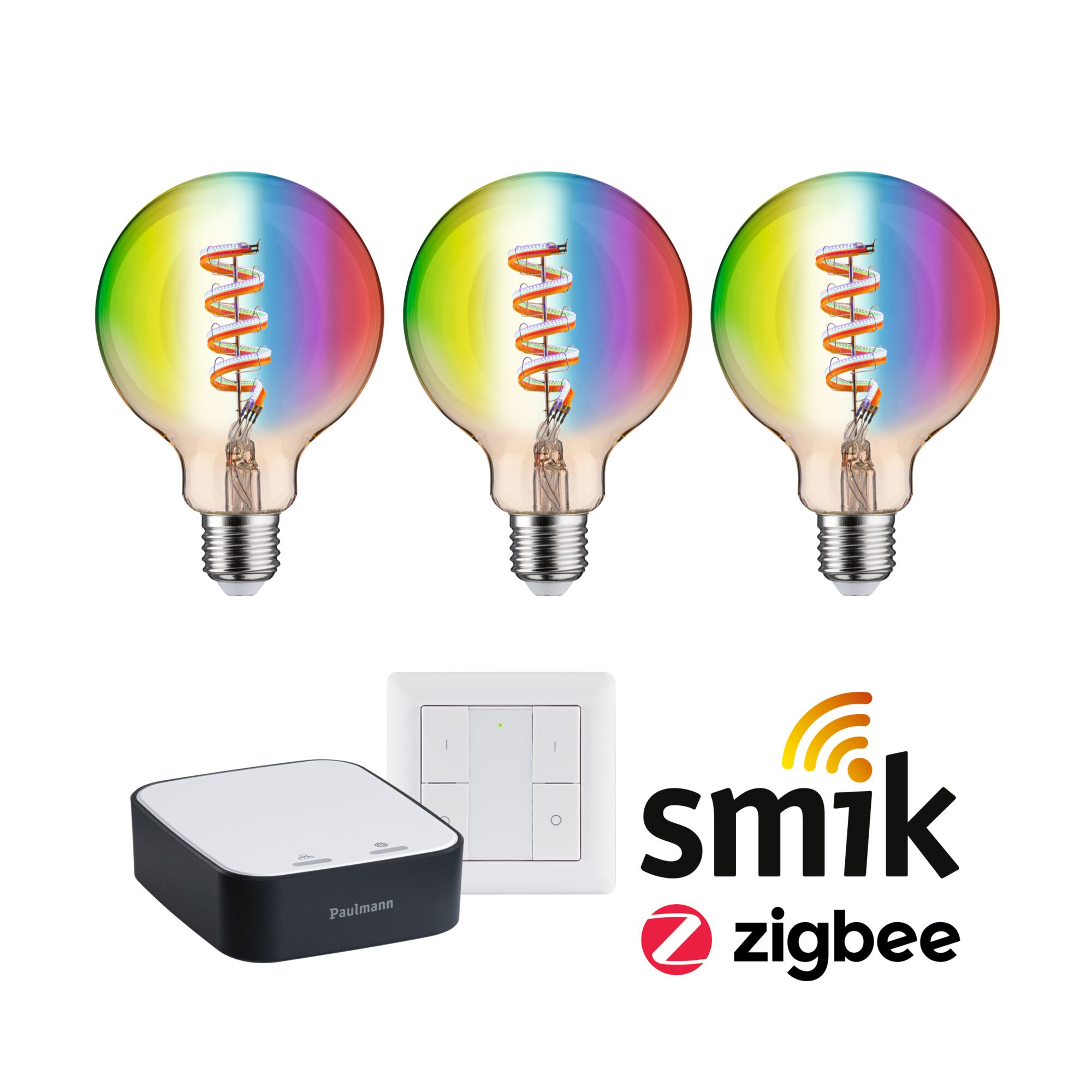 Kits de démarrage Smart Home Zigbee 3.0 Ampoule LED Filament G95 RGBW + Gateway smik + Interrupteur Trois ampoules LED colorées avec filament en spirale, commande domotique et interrupteur mural Zigbee.