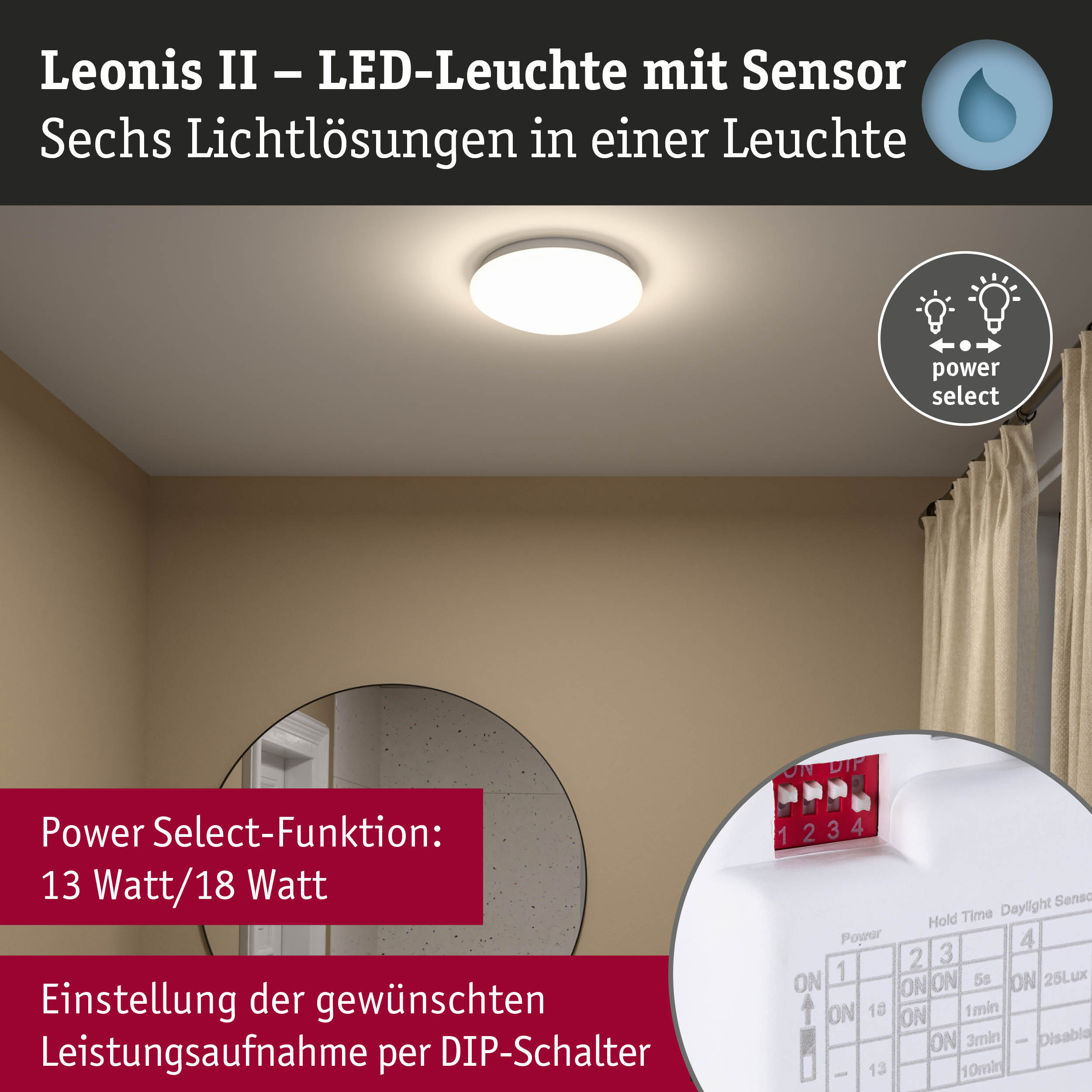 Leonis II LED-Deckenleuchte mit Sensor in Weiß, dimmbar mit Power Select Funktion und DIP-Schalter
