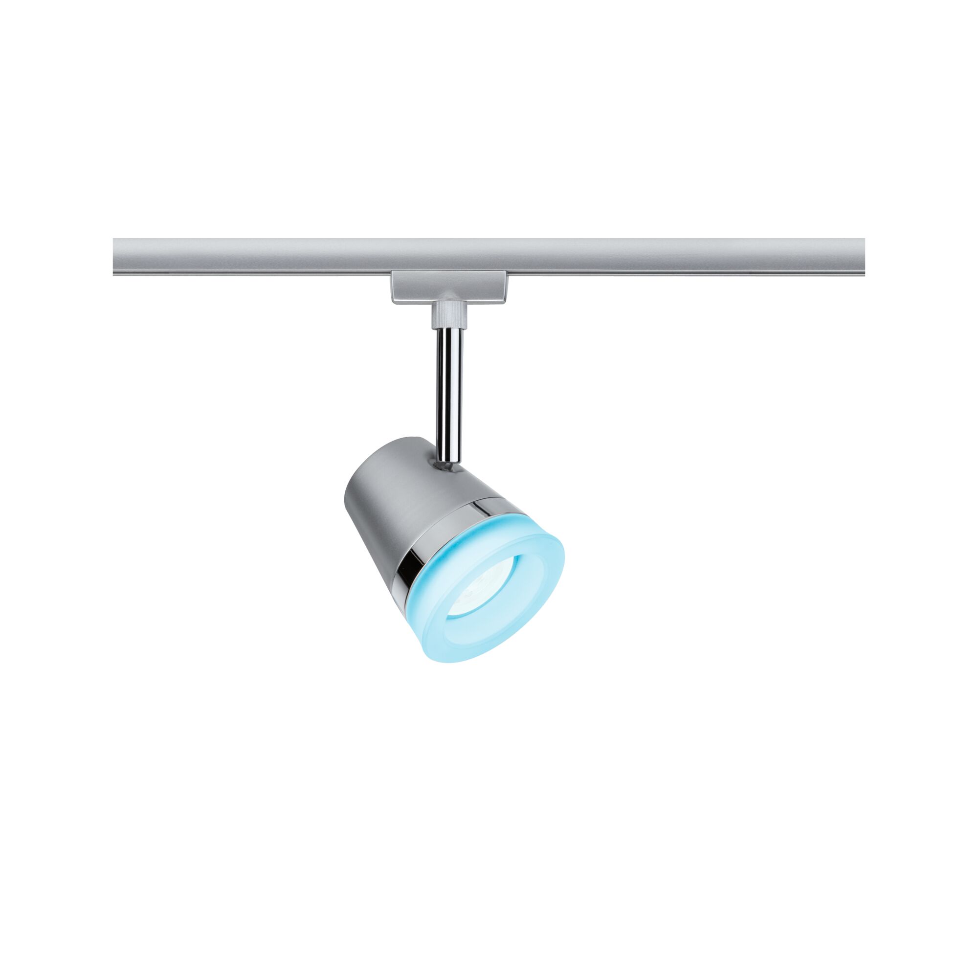 Moderne zilveren LED-spot met blauwe lichtkring, energiezuinige railsverlichting