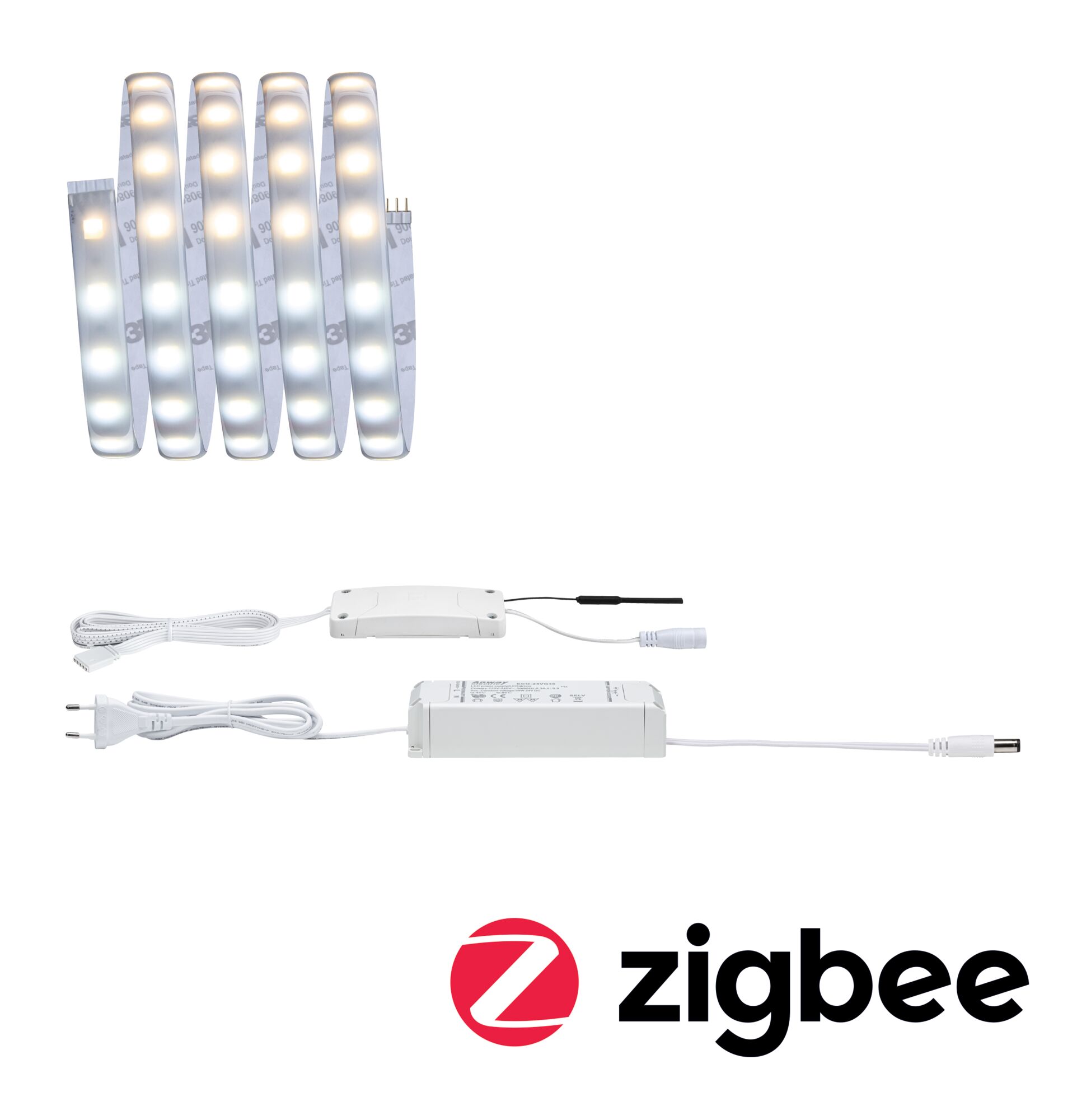 MaxLED 500 LED Strip Smart Home Zigbee 3.0 Basic set 1,5m Tunable White coated 9W 550lm/m Tunable White 20VA LED light strip with white controller and power supply, compatible with Zigbee smart home systems