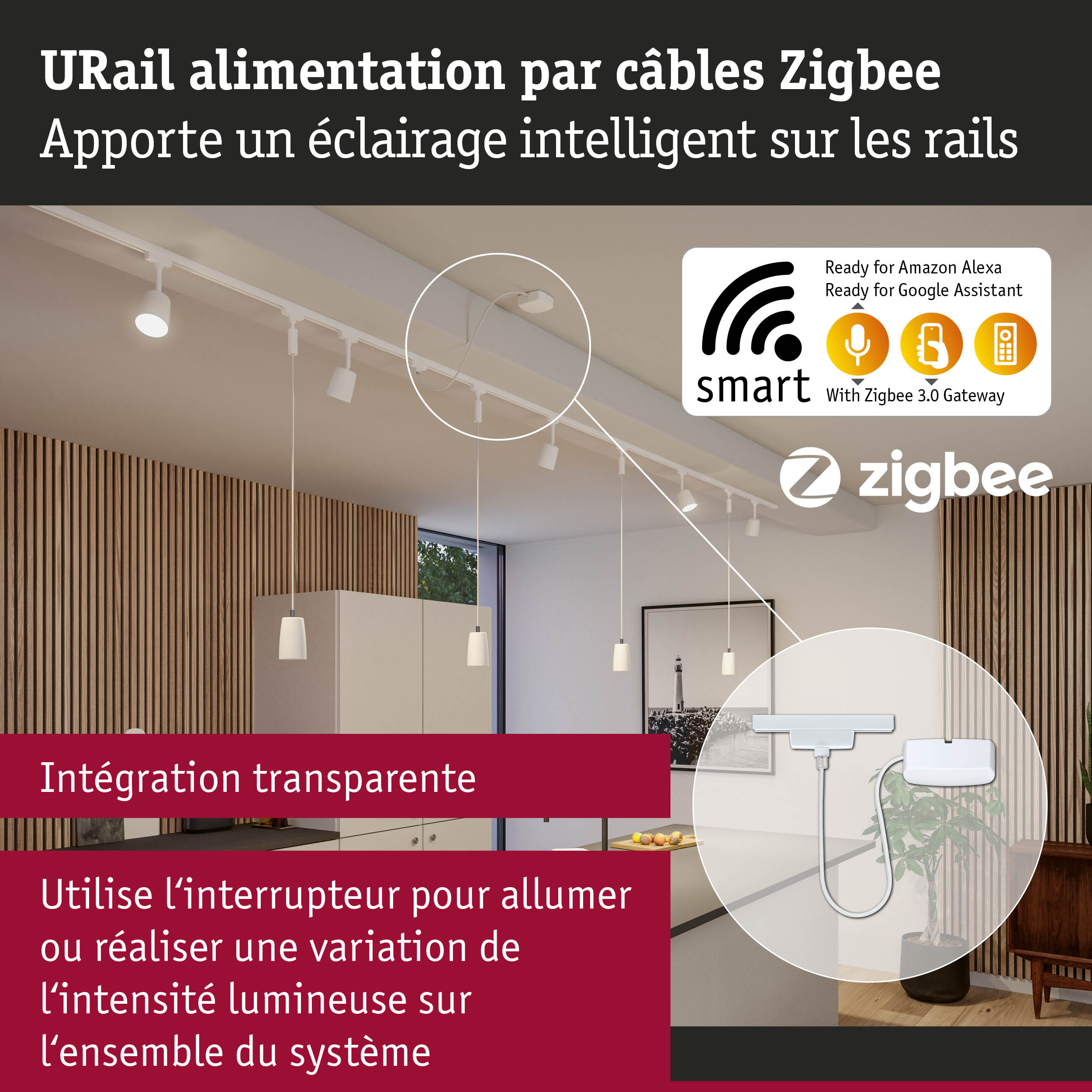 Système de câbles URail Zigbee pour éclairage intelligent compatible Amazon Alexa et Google Assistant