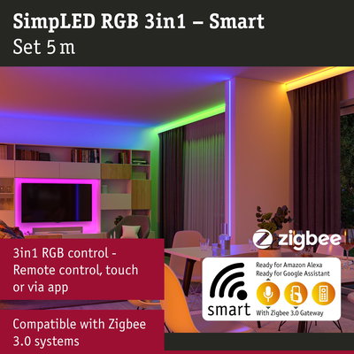 Smart 5m RGB LED strip compatible with Zigbee 3.0 for Alexa and Google Assistant voice control