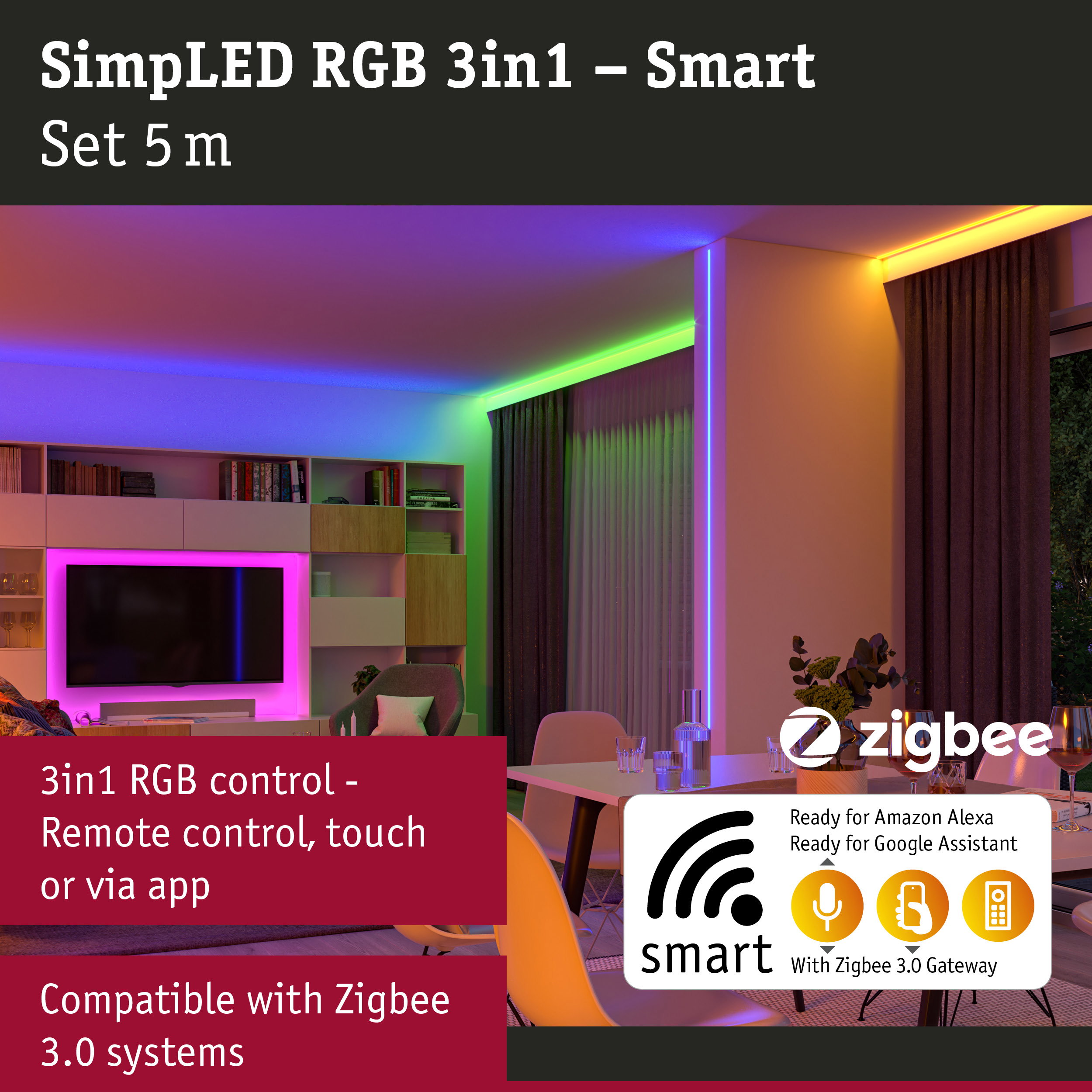 SimpLED RGB 3in1 5m LED strip with smart control and Zigbee 3.0 compatibility for home lighting