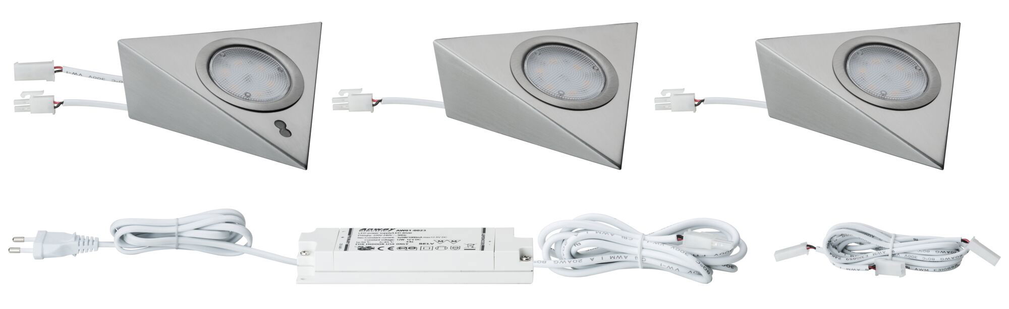 Drei dreieckige LED-Einbauleuchten aus gebürstetem Aluminium mit Netzteil und Anschlusskabeln für Wohnraumbeleuchtung
