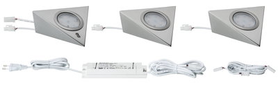 Three triangular brushed aluminum LED recessed lights with power supply and cables for home lighting setup