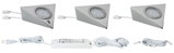Three triangular brushed aluminum LED recessed lights with power supply and cables for home lighting setup