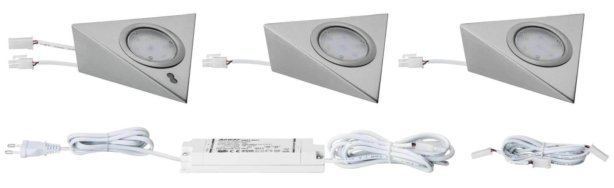Drei dreieckige LED-Einbauleuchten aus gebürstetem Aluminium mit Netzteil und Anschlusskabeln für Wohnraumbeleuchtung