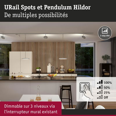 Cuisine moderne avec spots URail et Pendulum Hildor dimmables en blanc et bois pour éclairage polyvalent