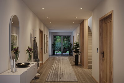 Moderner Flur mit Holzfußboden, weißen Wänden, LED-Einbaustrahlern und großem Fenster zum Garten