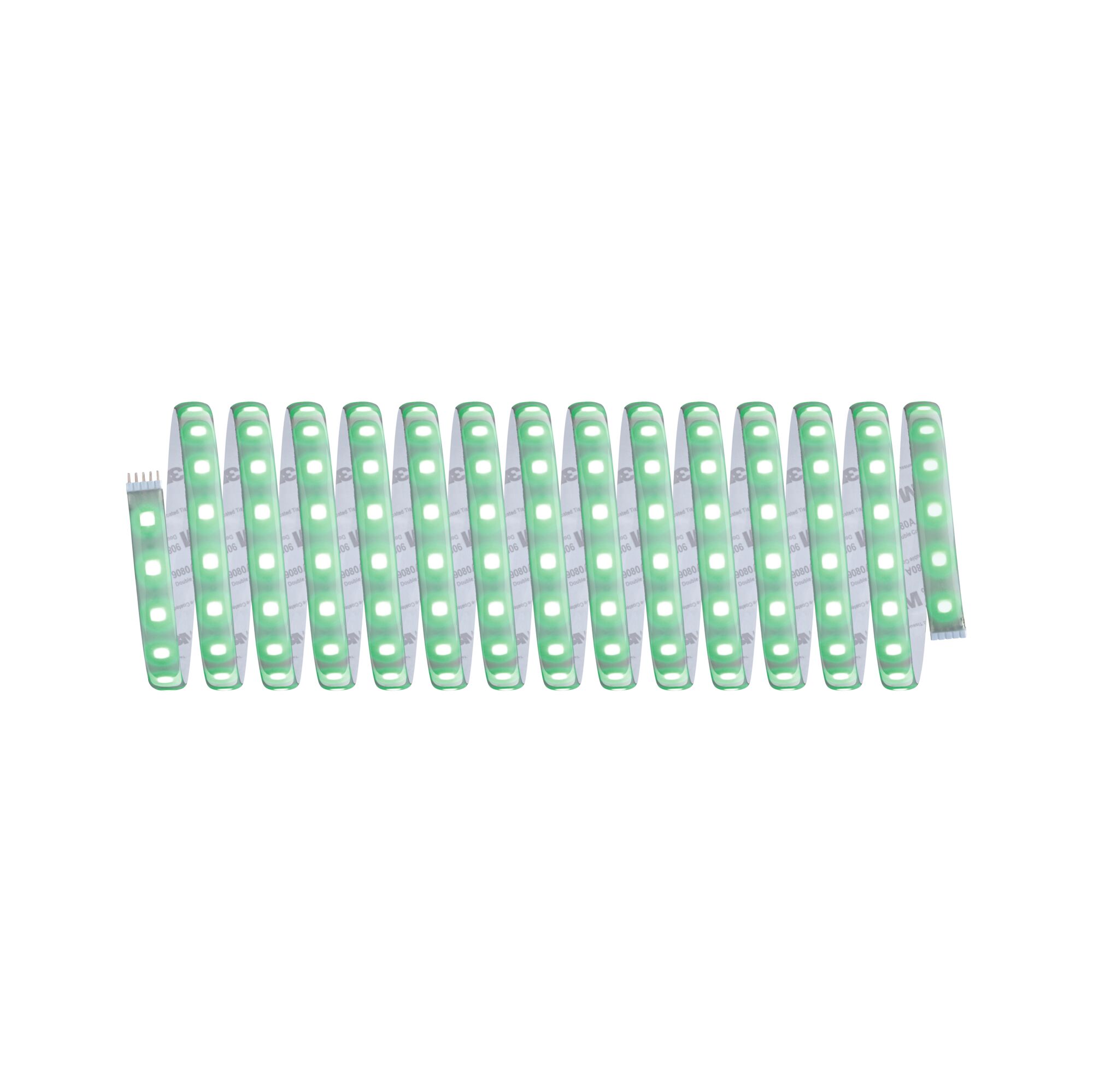 Flexible LED strip with green LEDs on white base for decorative lighting solutions