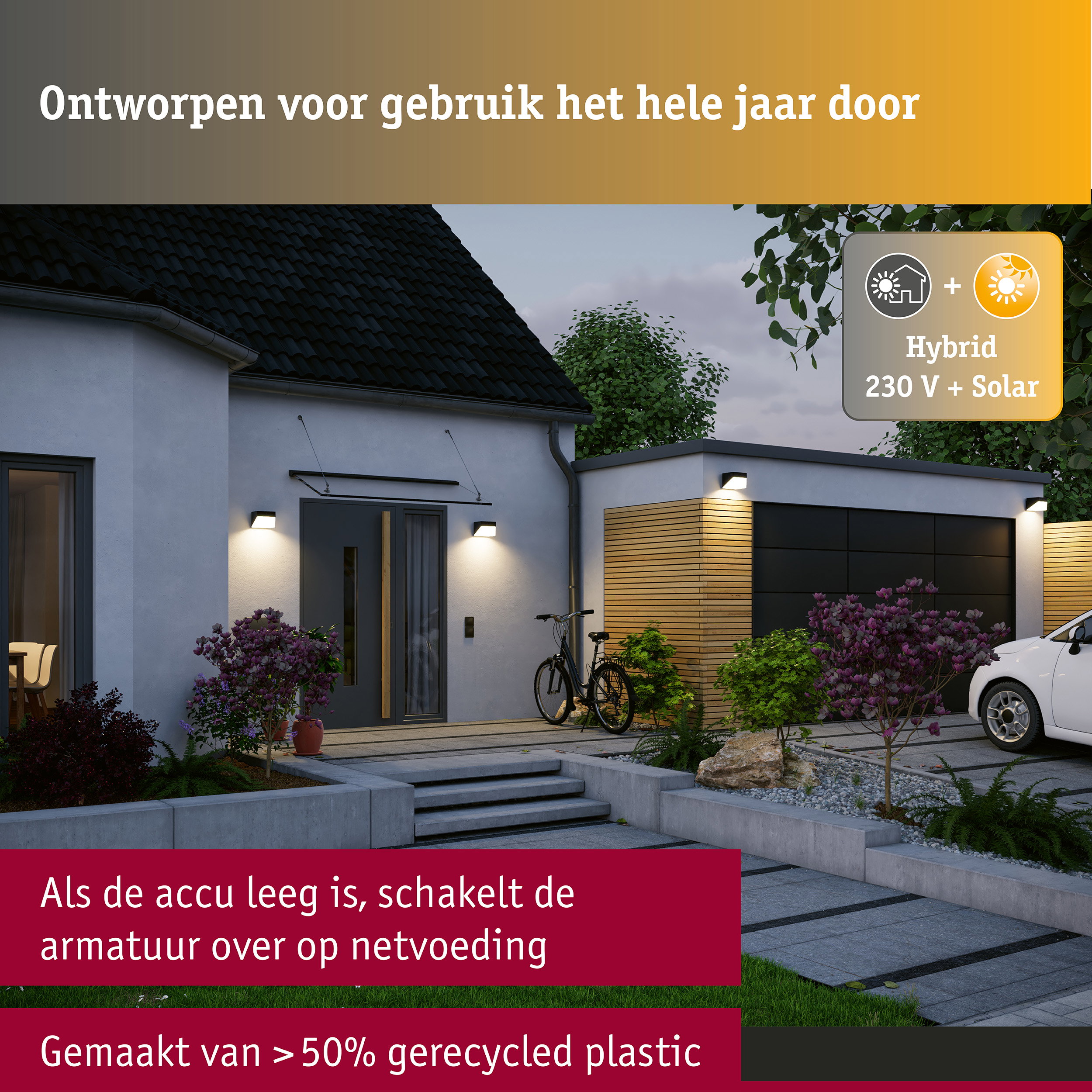 Hybrid LED-wandarmatuur voor buiten Lioren House 230V + Solar IP44 hoekig 170x170mm 3000K 2,3W 230lm 230V Zwart