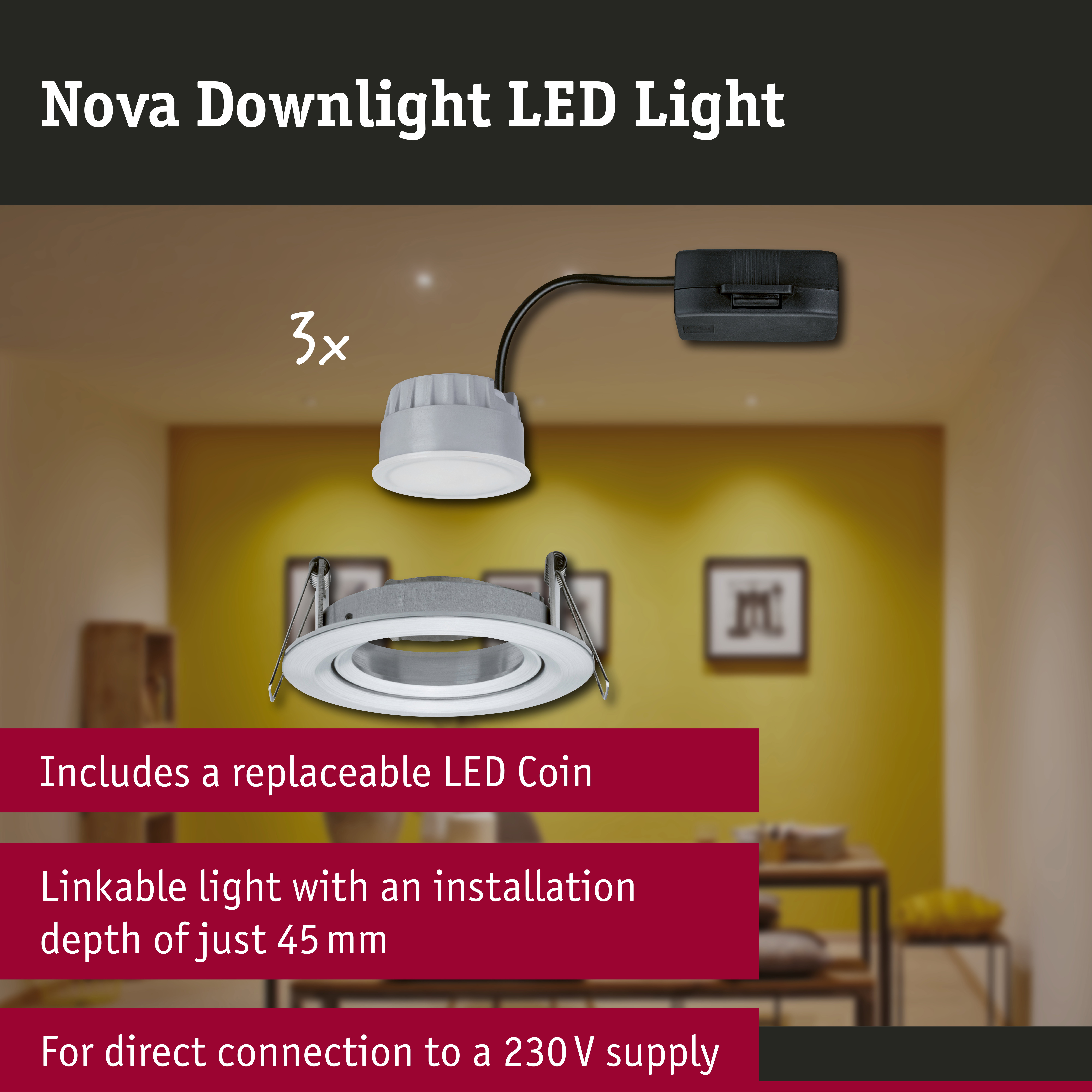 LED Downlight 3-Step-Dim Nova Coin Basic Set Swivelling round 84mm 50° Coin 3x6W 3x470lm 230V dimmable 2700K Turned aluminium