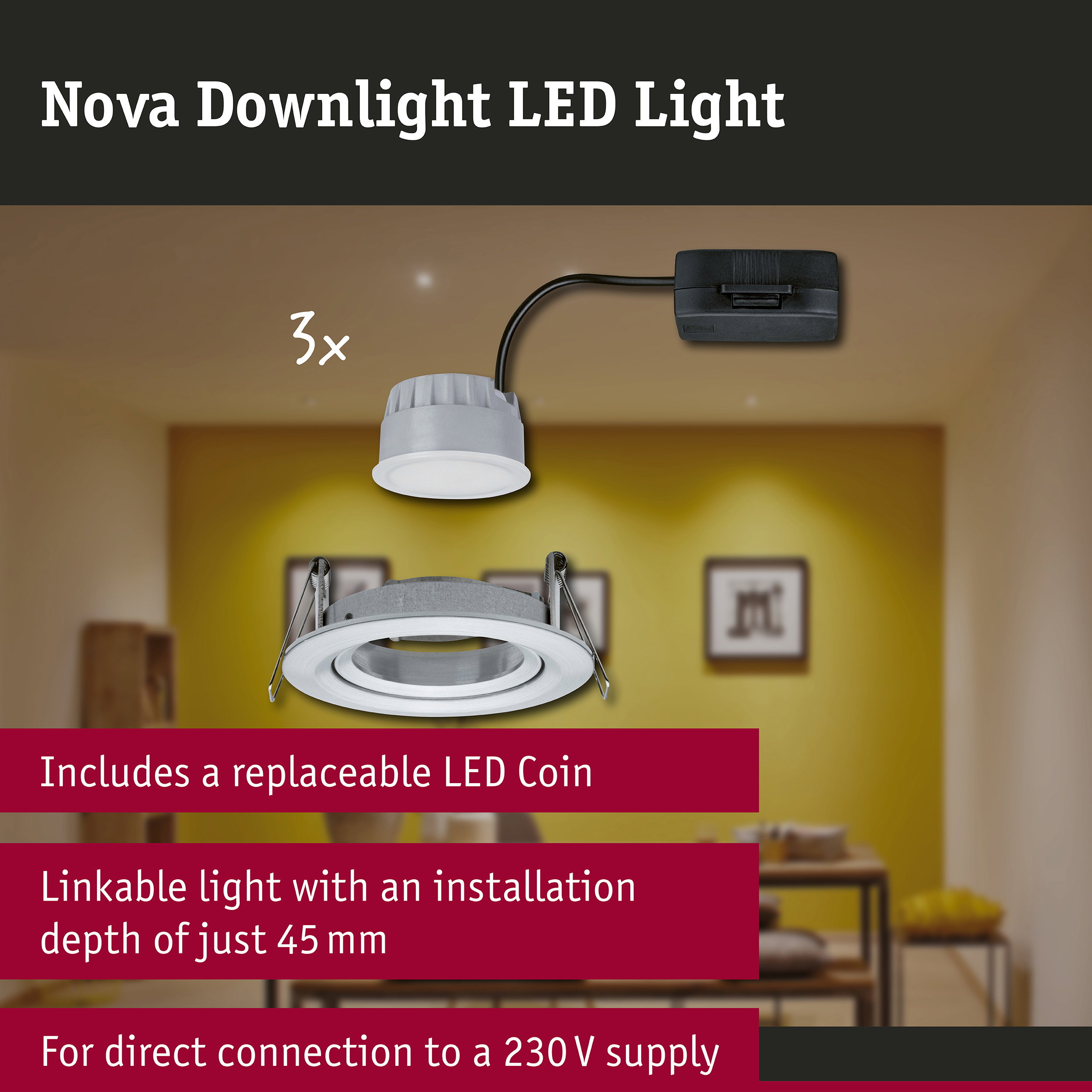 LED Downlight 3-Step-Dim Nova Coin Basic Set Swivelling round 84mm 50° Coin 3x6W 3x470lm 230V dimmable 2700K Turned aluminium