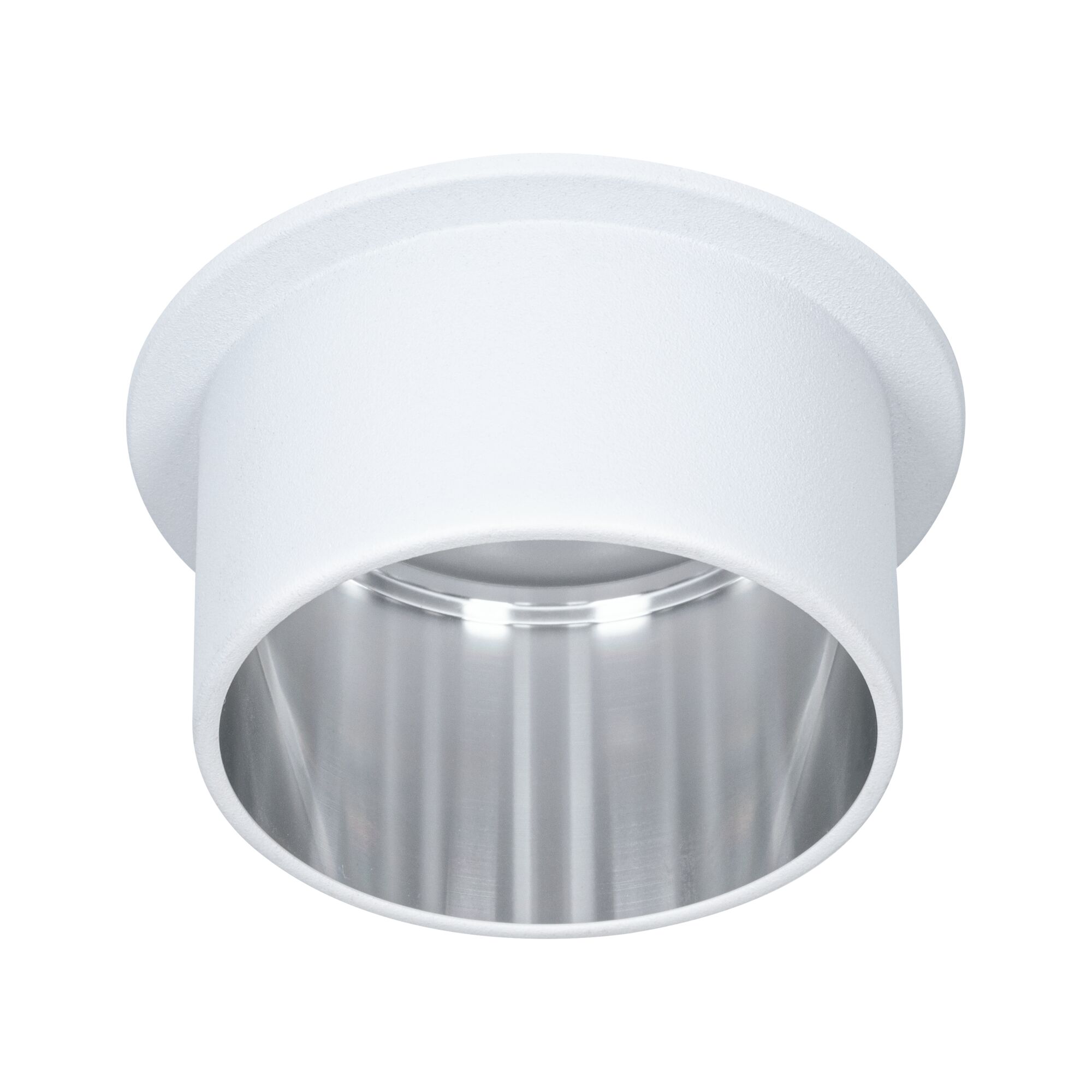 Round recessed spotlight in white metal with silver reflector surface for modern LED lighting