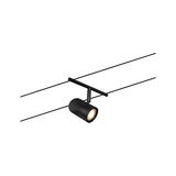 Black LED cable spotlight with cylindrical design and warm white light for modern interior lighting