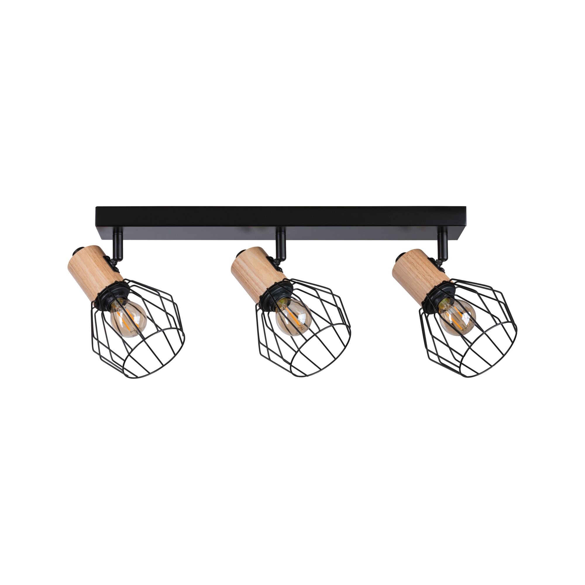 Three-light ceiling spotlight with black metal cage and light wood for modern interior lighting